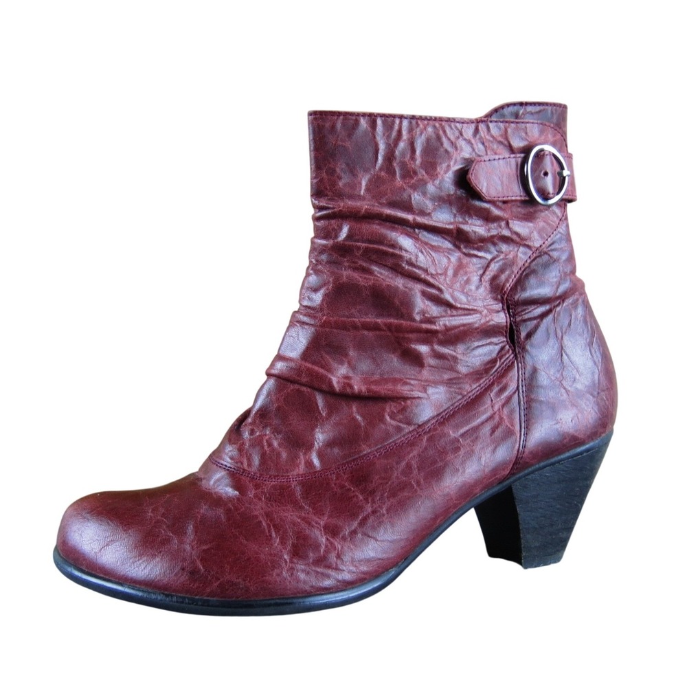 Fidji Burgundy Leather Ankle Boots Buckle Accent Zipper Closure Women's Size 39